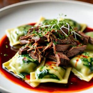 Braised Beef over Cheese Ravioli