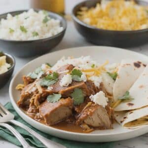 Chili Verde Pork Stew with Tortillas and Rice, Sour Cream and Cheddar Jack Cheese