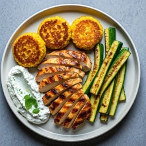 Chicken with Griddled Corn Cakes, Zucchini, Basil Ricotta