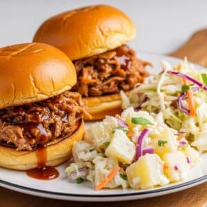 Smoked Pork BBQ Sliders with Sarah's Potato Salad & Coleslaw