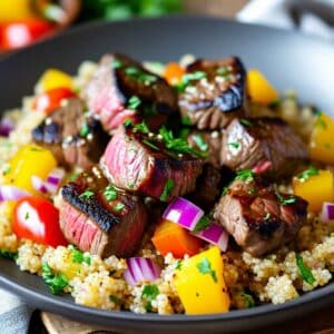 Honey Bourbon Beef Tips with Quinoa Pilaf