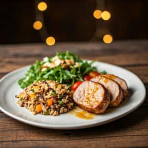 Peach & Rum Glazed Pork Tenderloins with Wild Rice Pilaf