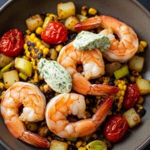 Shrimp with Grilled Corn & Potatoes, Basil Garlic Butter