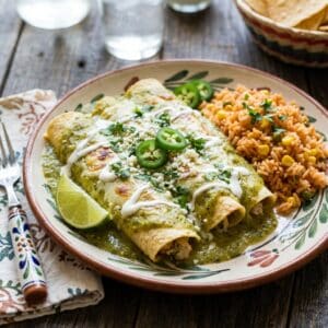 Chicken Enchiladas with Tomatillo Cream & Mexican Rice