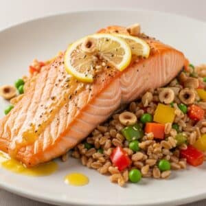 Salmon with Farro & Vegetable Pilaf