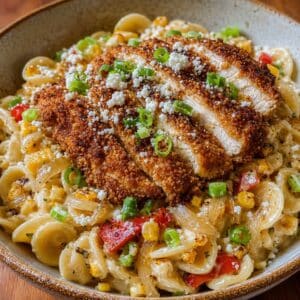 Fried Chicken over Mexican Street Corn Pasta