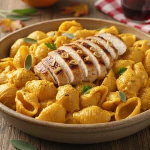 Cheesy Baked Pumpkin Pasta with Grilled Chicken