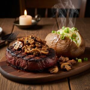 Grilled Sirloin with Baked Potato & Sautéed Mushrooms