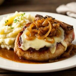 French Onion Smothered Pork Chops with Mashed Potatoes