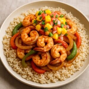 Mindful Meals Chili Lime Shrimp Taco Bowl with Mango Salsa and Cumin Rice