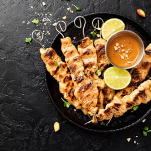 Chicken Skewers with Coconut Rice, Cucumber Salad & Peanut Sauce