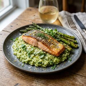 Roasted Salmon with Basil and Asparagus Risotto