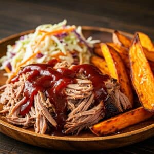 Mindful Meals BBQ Pulled Pork with Sweet Potato Wedges and Power Slaw