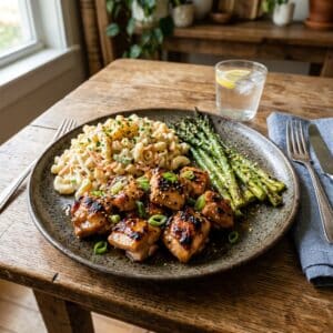 Mindful Meals Miso Glazed Chicken with Mac Salad and Fresh Asparagus