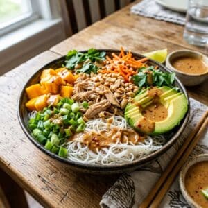 Chicken Spring Roll Bowl with Peanut Sauce