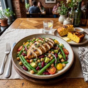Three Bean Salad topped with Seared Garlic Chicken & Cornbread