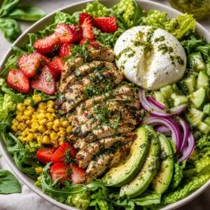 Strawberry Burrata Salad with Grilled Basil Chicken