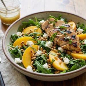 Fresh Palisade Peach & Arugula Salad with Grilled Basil Chicken