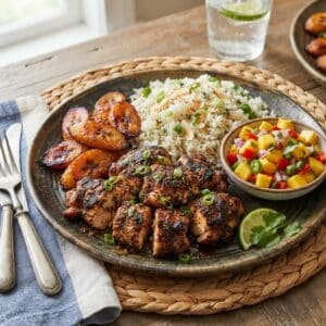 Jerk Chicken with Coconut Rice, Fried Plantains & Mango Salsa