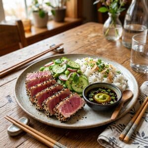 Seared Ahi Tuna with Coconut Rice and Crisp Cucumber Salad